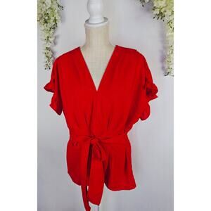 Umgee Bright Red Blouse Large Tie Waist V Neck Ruffle Sleeve Boho Flowy